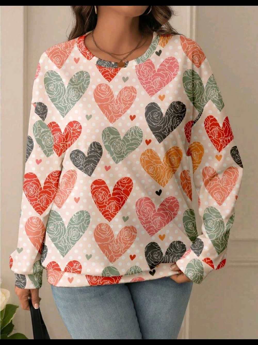 Heart Print Long Sleeve Pullover Sweater - Multi